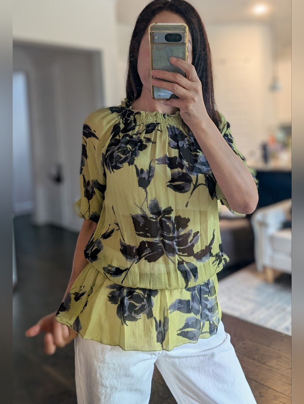 INC International Concepts 100% Silk Olive Green Floral Smocked Neck Blouse